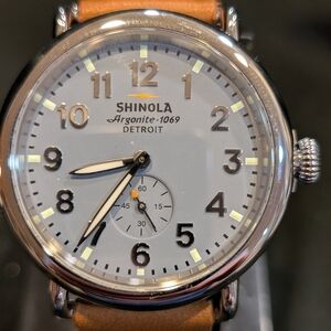 Shinola Runwell Argonite 1069 Quartz Unisex Slate Blue/Brown Leather Watch 41mm